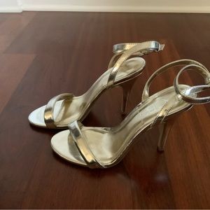 BCBG Silver Strappy Heel, 4” heel, 6.5M